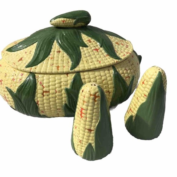 Vtg Ceramic Corn Husk Cob Covered Soup Serving Tureen Casserole Salt Pepper MCM - Picture 1 of 16